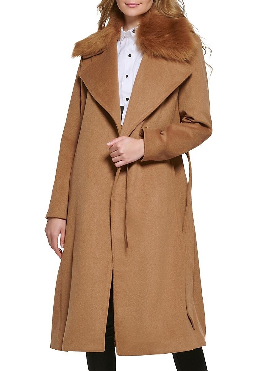 Karl Lagerfeld Faux Fur Trim Belted Coat in Natural Lyst
