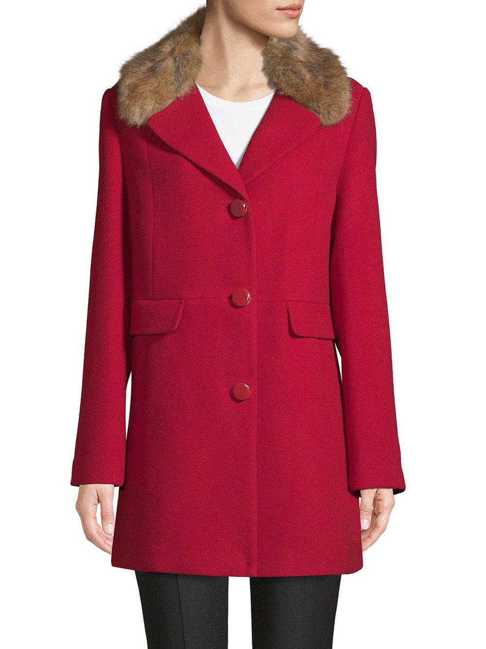 Kate Spade Faux Fur-trimmed Notch Collar Car Coat in Red - Lyst