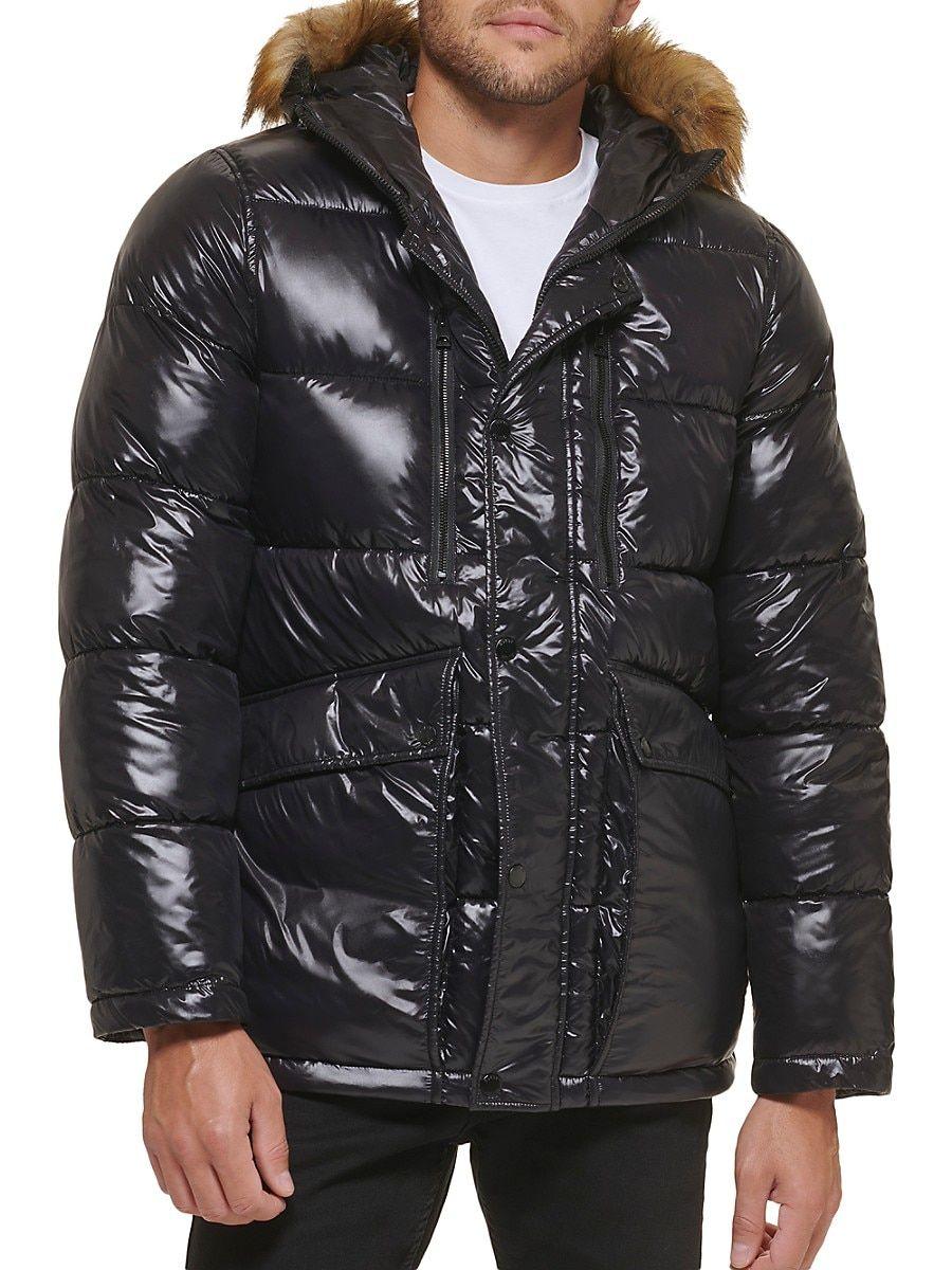 Guess Faux Fur Trim Hooded Puffer Jacket in Black for Men | Lyst
