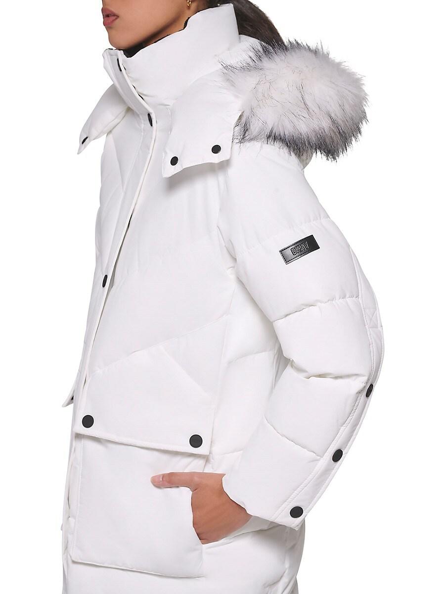 DKNY Faux Fur Trim Long Puffer Coat in White Lyst UK