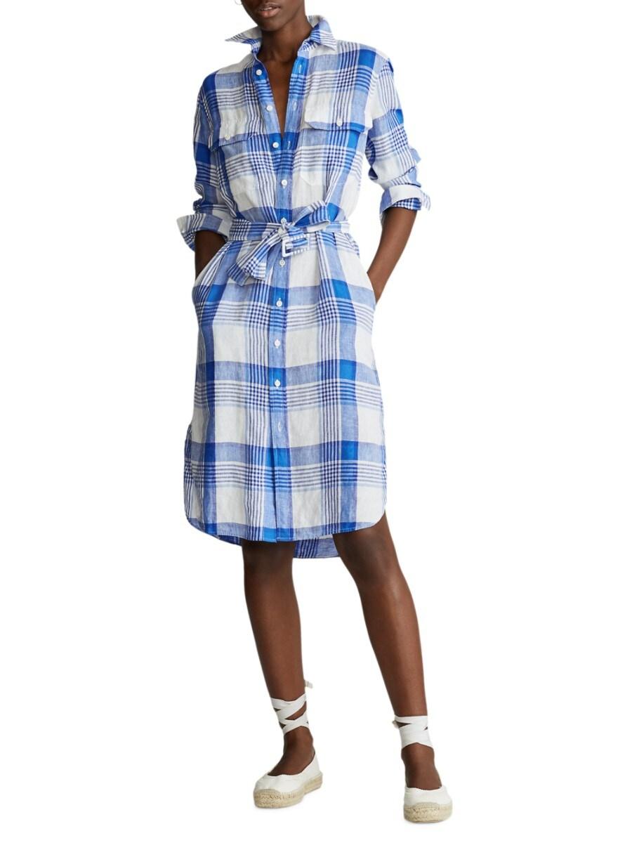 Polo Ralph Lauren Plaid Linen Shirtdress in Blue | Lyst