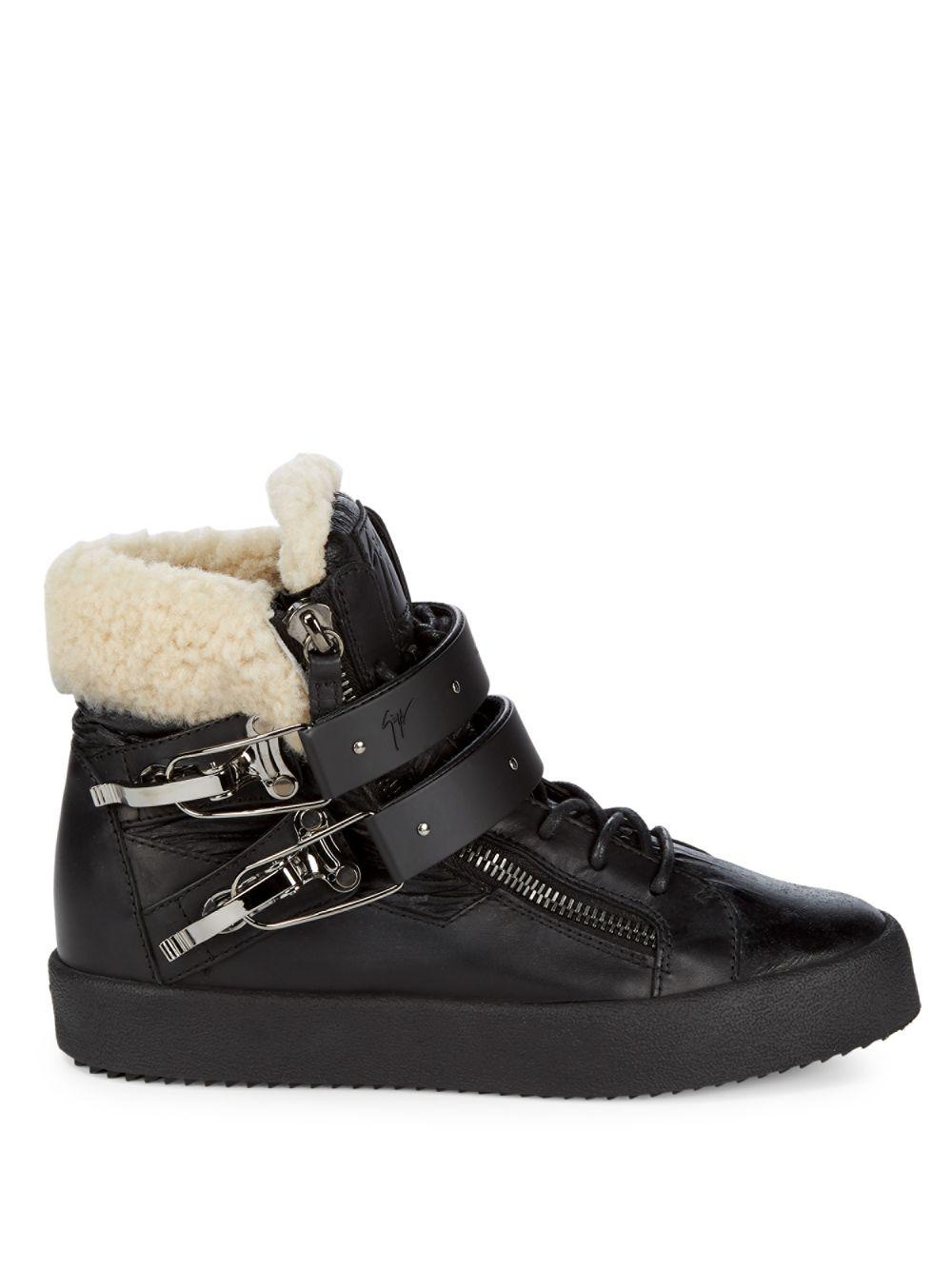 Giuseppe Zanotti Leather Shearling Trim Sneakers in Nero (Black) for ...