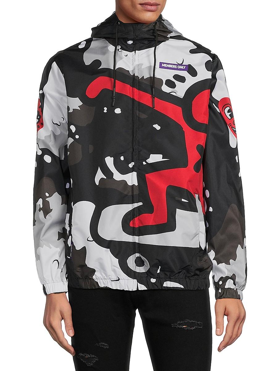 Members Only Keith Haring Print Hooded Windbreaker Jacket in Black