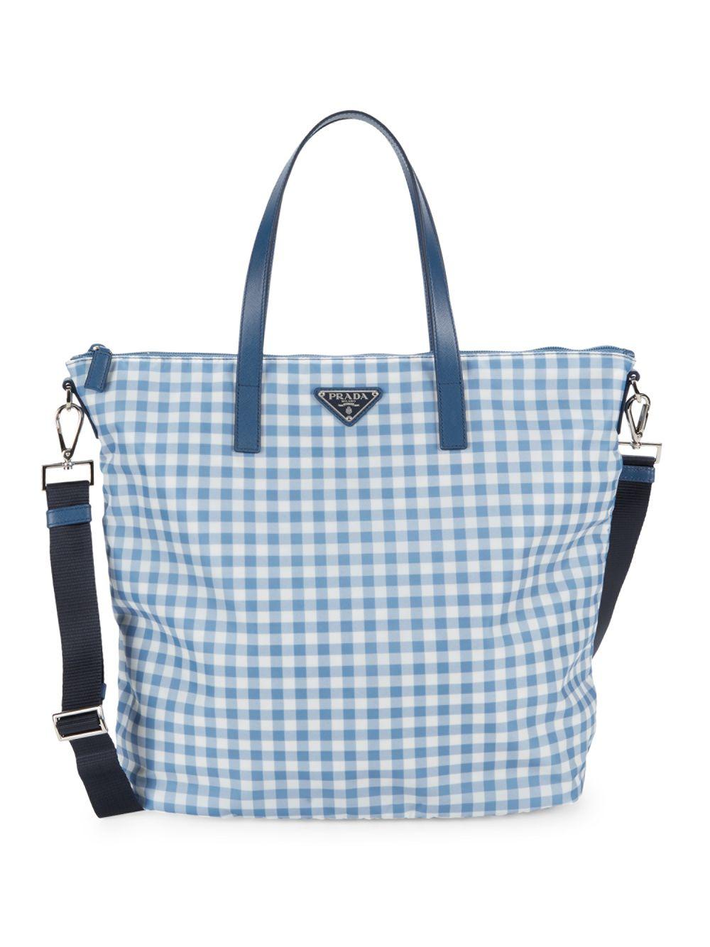 Prada Leather Gingham Tote in Blue White (Blue) | Lyst