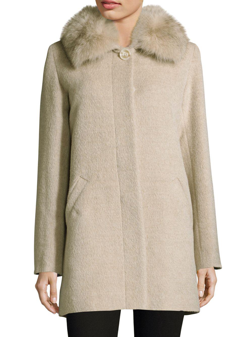 Sofia Cashmere Fox Fur-trimmed Alpaca Wool Car Coat in Stone (Natural ...