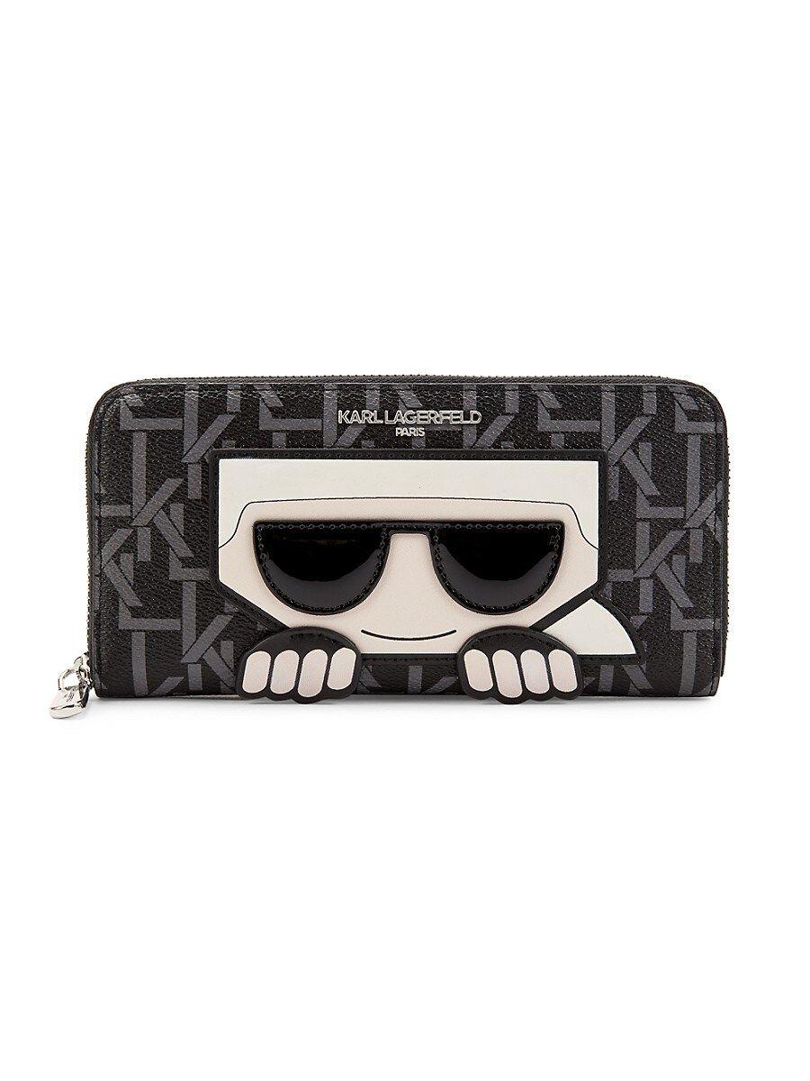 Karl Lagerfeld Wallet Womens Large Black Continental Zip Leather Icon Patch