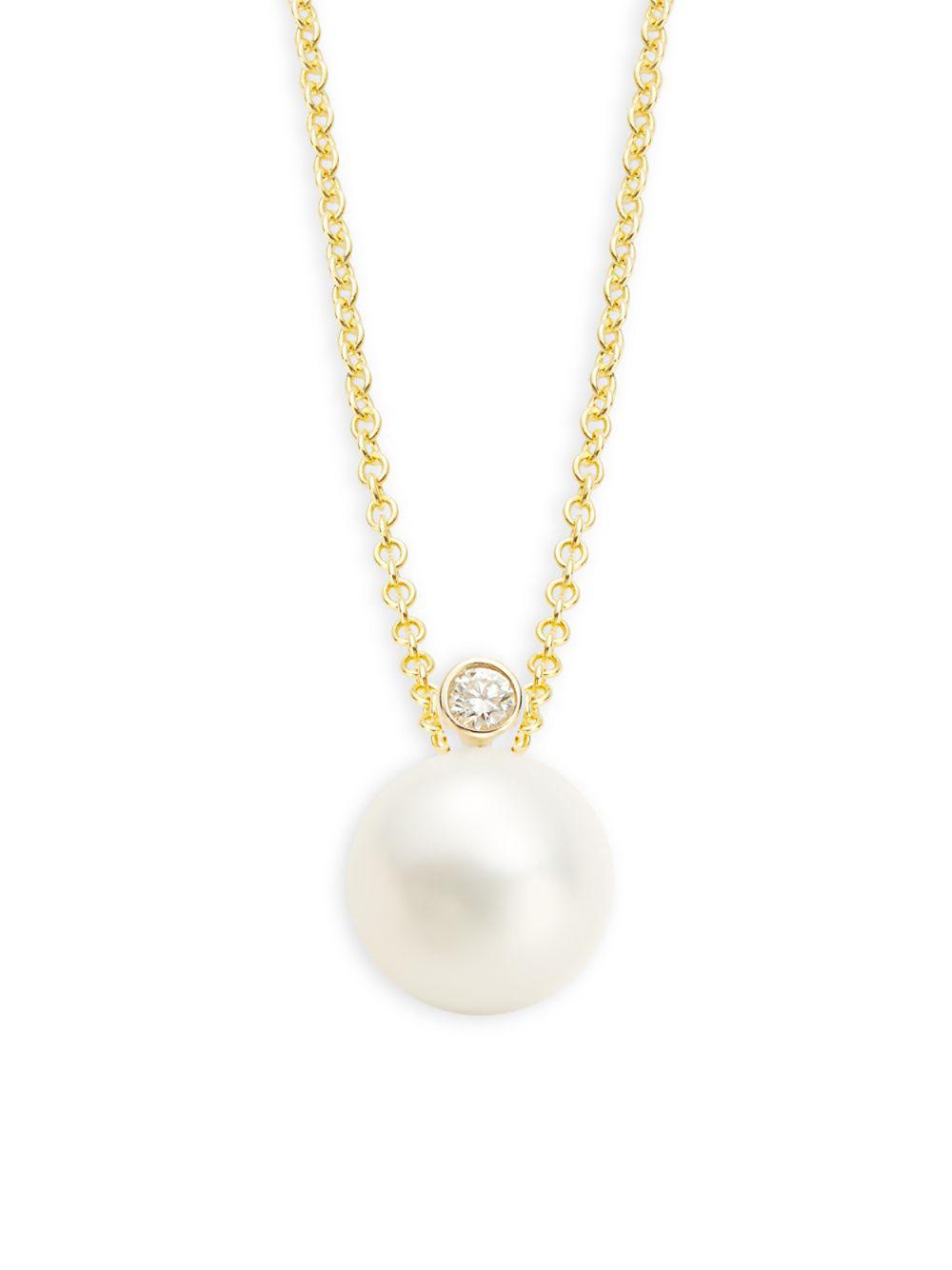 Lyst Effy 14k Yellow Gold 8mm White Pearl Diamond Pendant Effy Women S Metallic 14k Yellow Gold 8mm White Pearl Diamond Pendant Necklace