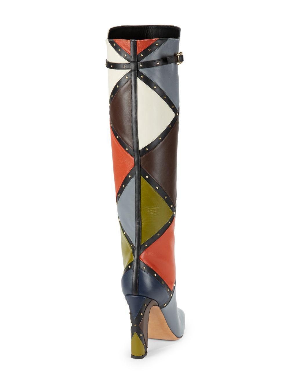 patchwork knee high boots