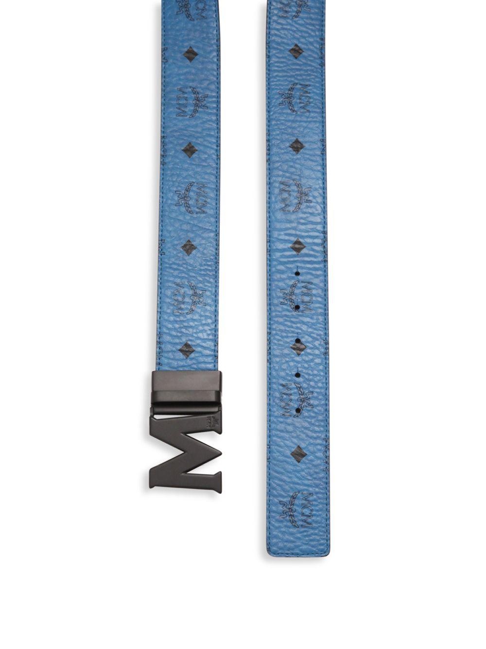 MCM Canvas Logo Leather Trimmed Belt in Blue for Men - Lyst