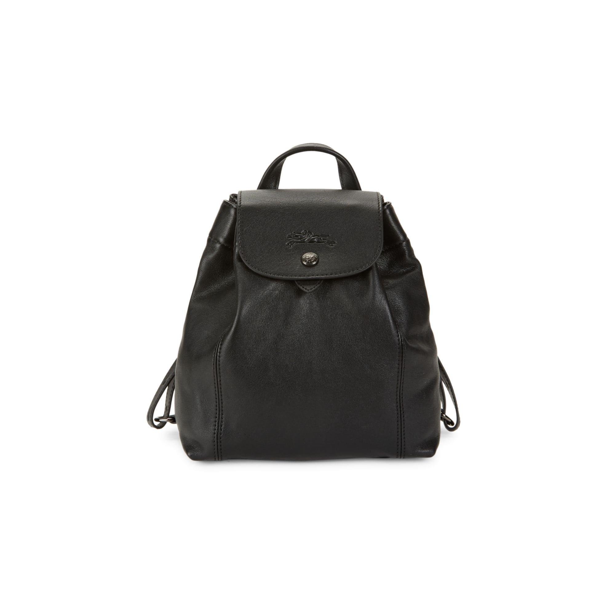 Longchamp Mini Le Pliage Cuir Leather Drawstring Backpack in Black