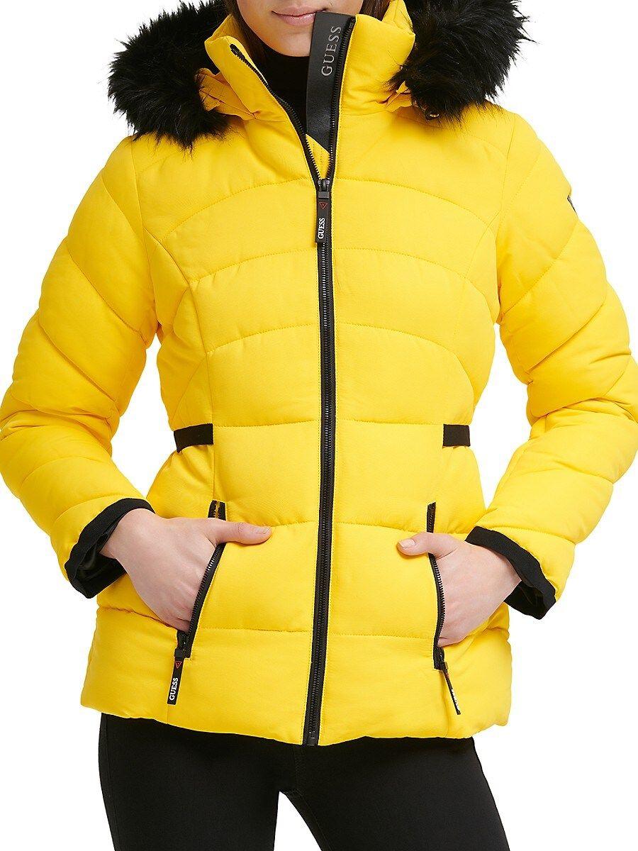 Guess Faux Fur Trim Hooded Puffer Jacket in Yellow | Lyst