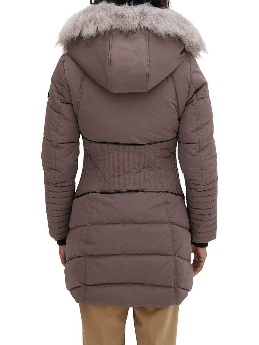 Noize Faux Fur & Vegan Leather Trim Quilted Parka Jacket in Brown | Lyst