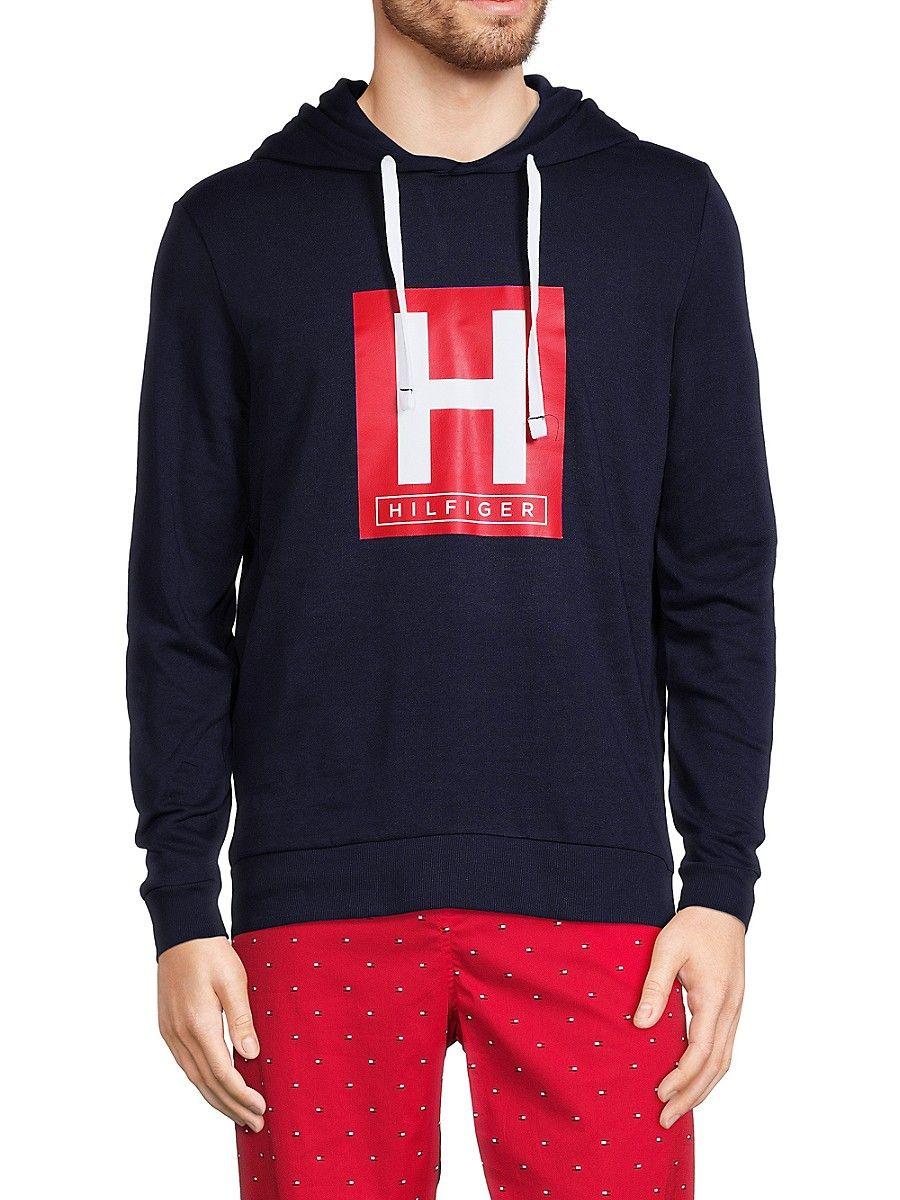 Tommy Hilfiger Logo Fleece Hoodie in Blue for Men | Lyst