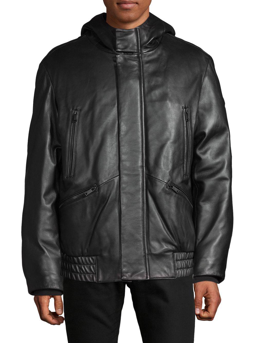 DKNY Hooded Leather Jacket in Black for Men - Lyst