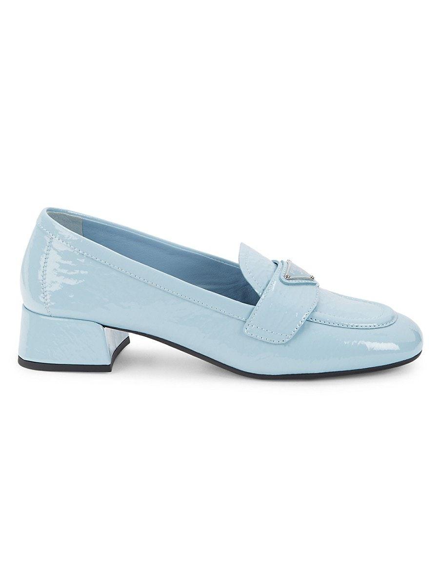 Prada Naplak Block Heel Leather Penny Loafers in Blue | Lyst