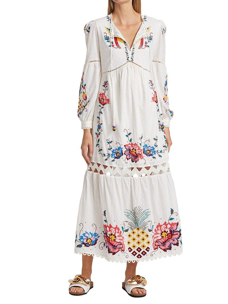 FARM Rio Macaw Crossstitch Embroidered Mididress in White Lyst