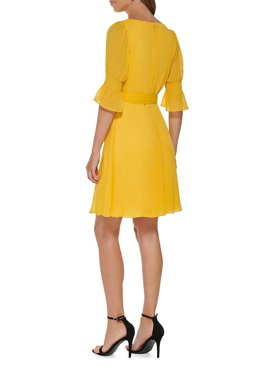 DKNY Puff Sleeve Belted A Line Dress in Blue Lyst