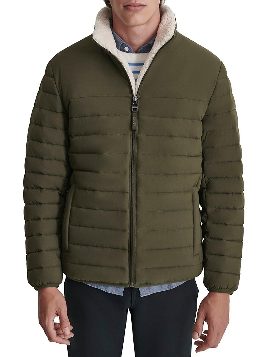 DKNY Water Resistant Faux Shearling Lined Quilted Jacket in Green