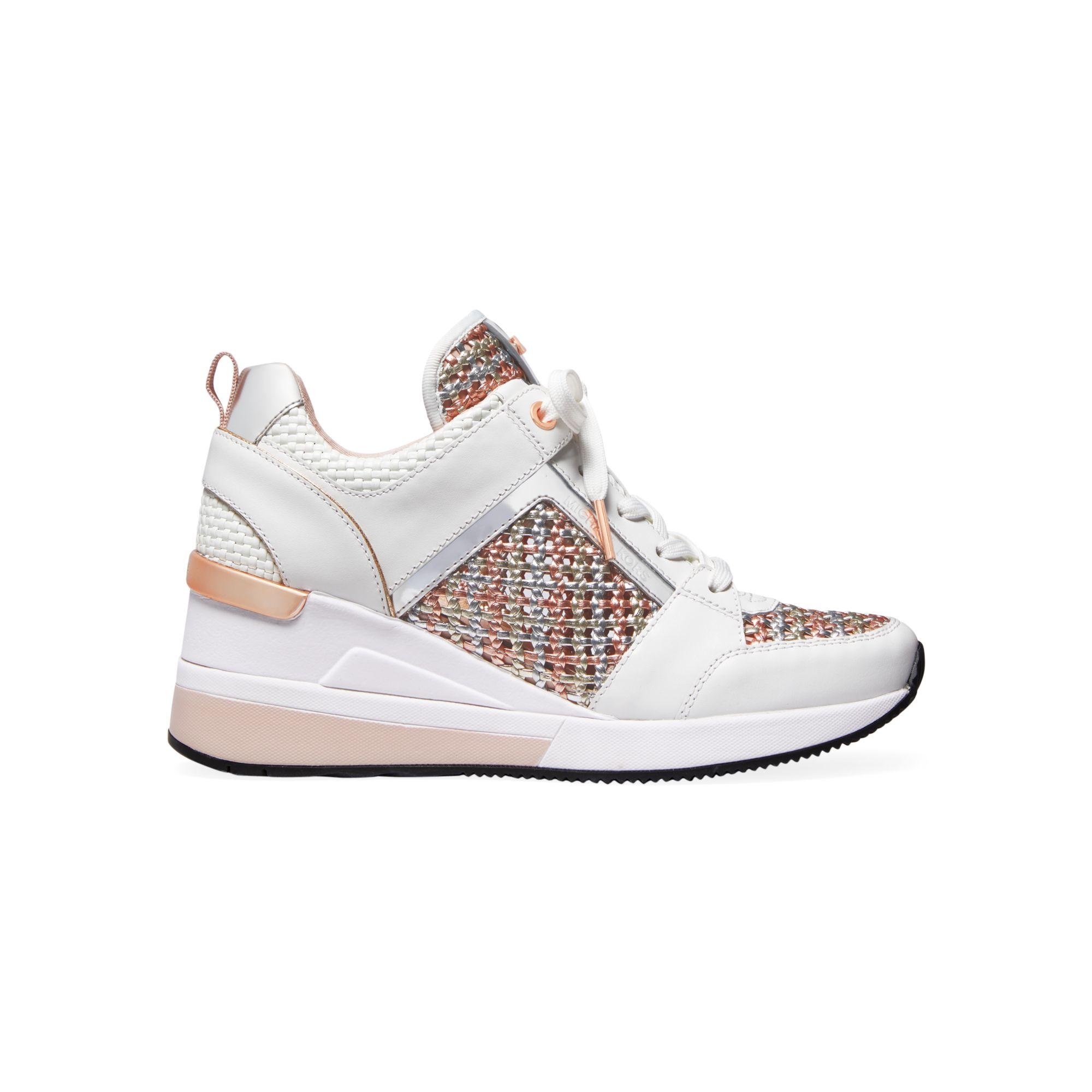 MICHAEL Michael Kors Georgie Metallic Woven Leather Wedge Sneakers in White  Rose Gold (White) - Lyst