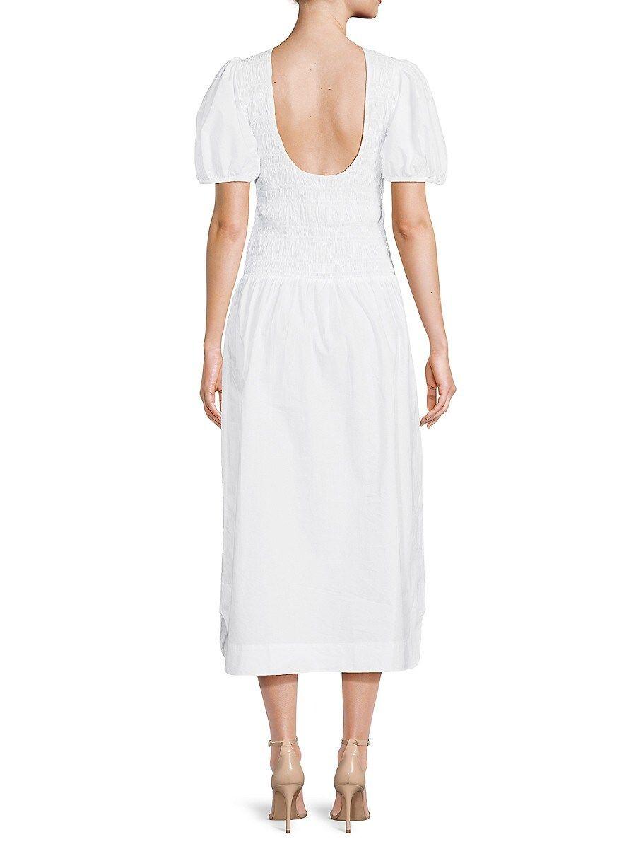 Ganni Smocked Puff Sleeve Midi Dress in White | Lyst