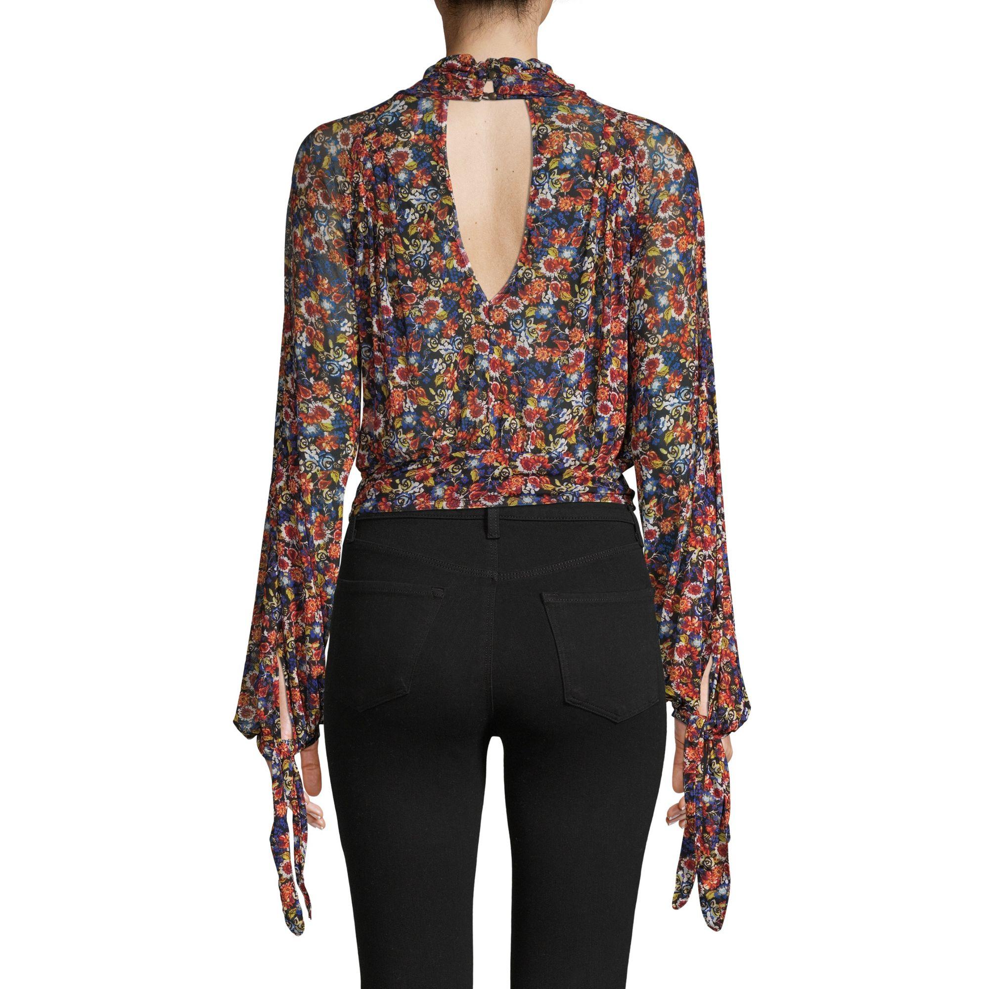 Free People Synthetic Longsleeve Floral Blouse in Black Combo (Black