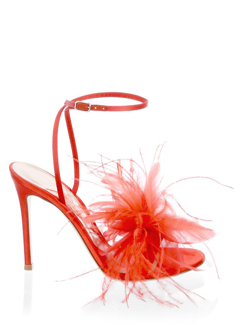 Gianvito Rossi Satin Feather Ankle-strap Sandals in Red | Lyst