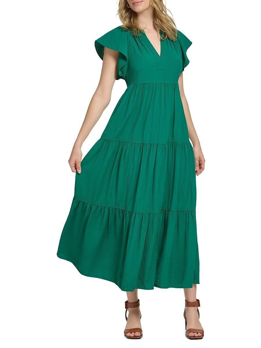 Calvin Klein Crinkle Tiered Maxi Dress in Green | Lyst
