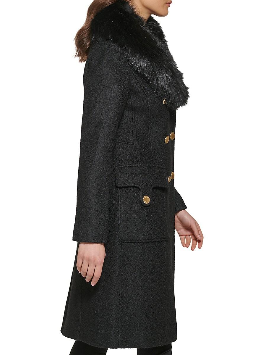 Guess Removable Faux Fur Collar Wool Blend Double Breasted Walker Coat In  Black At Nordstrom Rack | Lyst UK