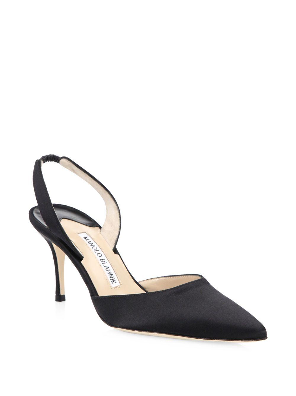 Manolo Blahnik Satin Pointed Slingback Pumps in Black | Lyst