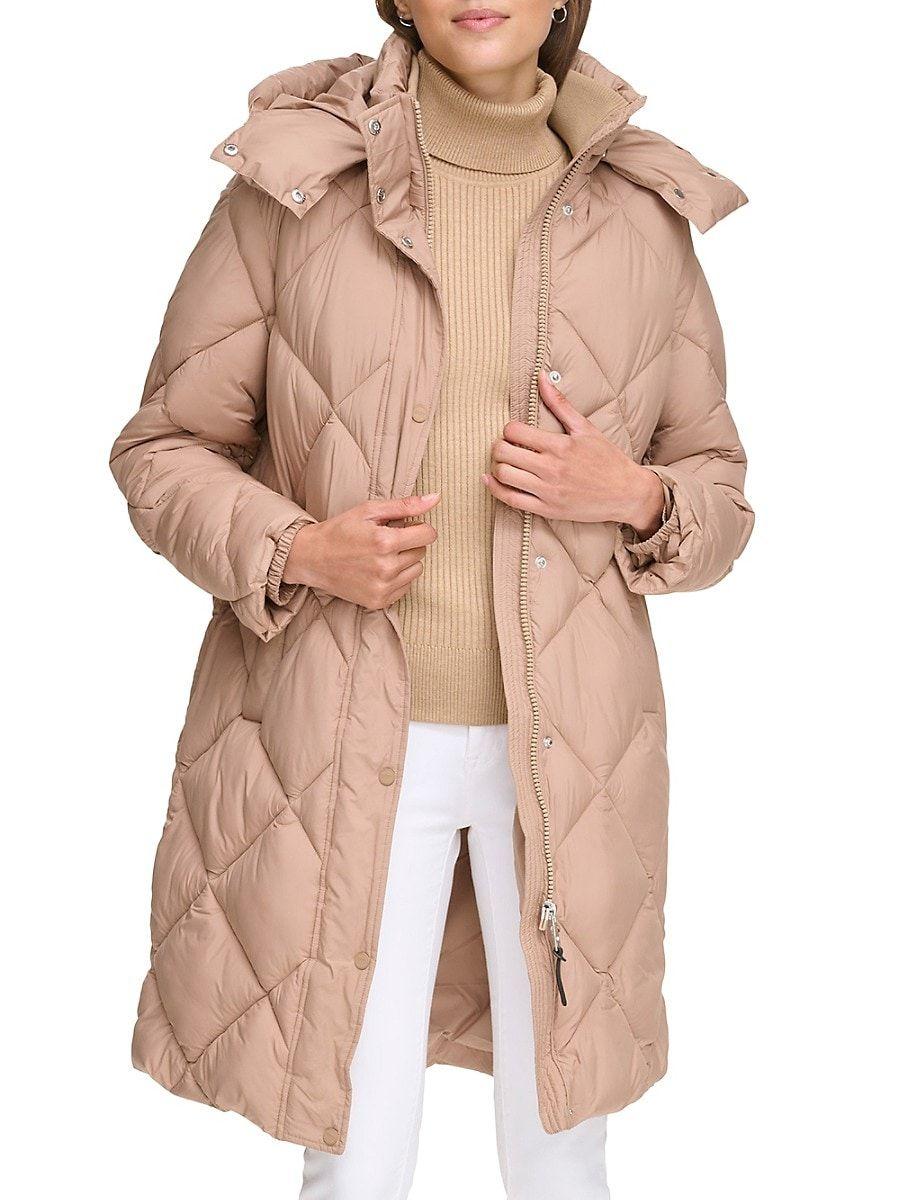 St. John Dkny Diamond Quilted & Hooded Puffer Coat in Natural | Lyst