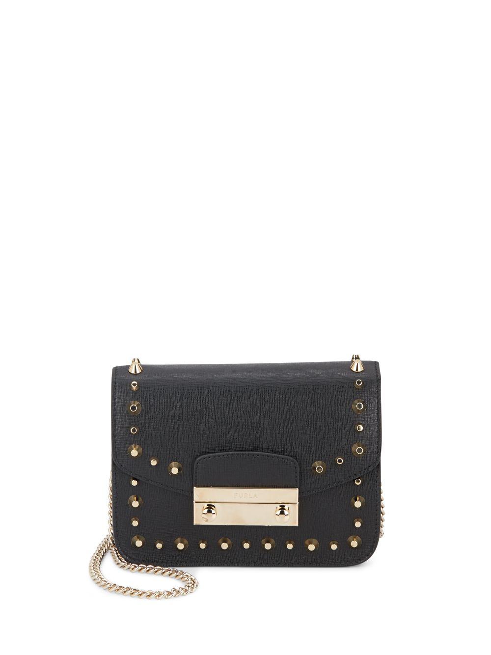 Furla Julia Mini Studded Leather Crossbody Bag in Black | Lyst