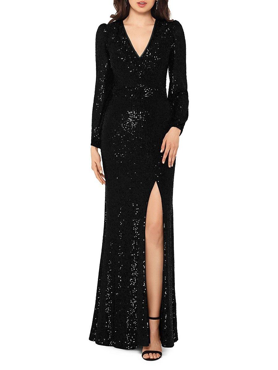 Xscape High Slit Sequin Gown in Black | Lyst