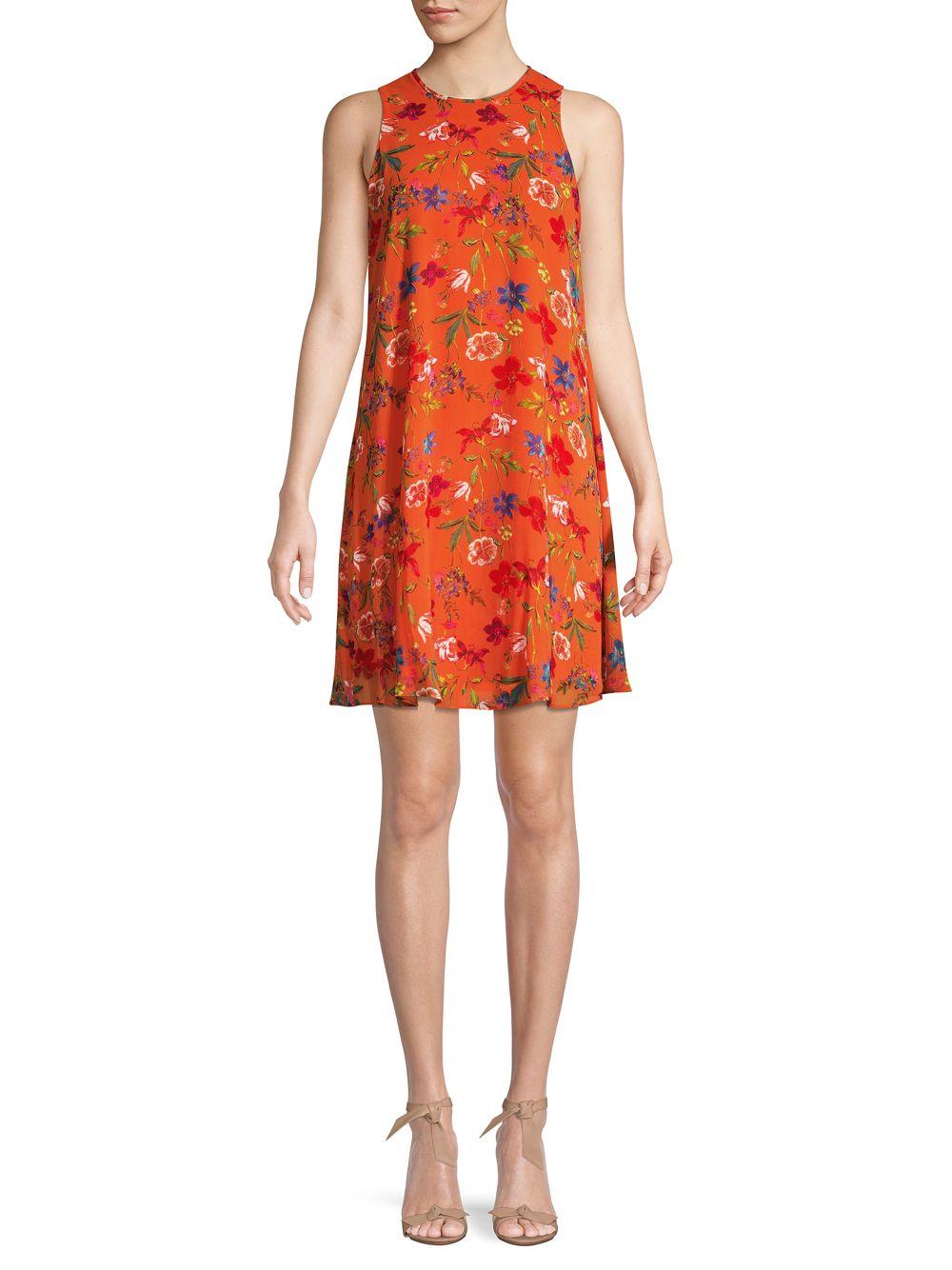 Calvin Klein Floral Chiffon Shift Dress in Red - Lyst