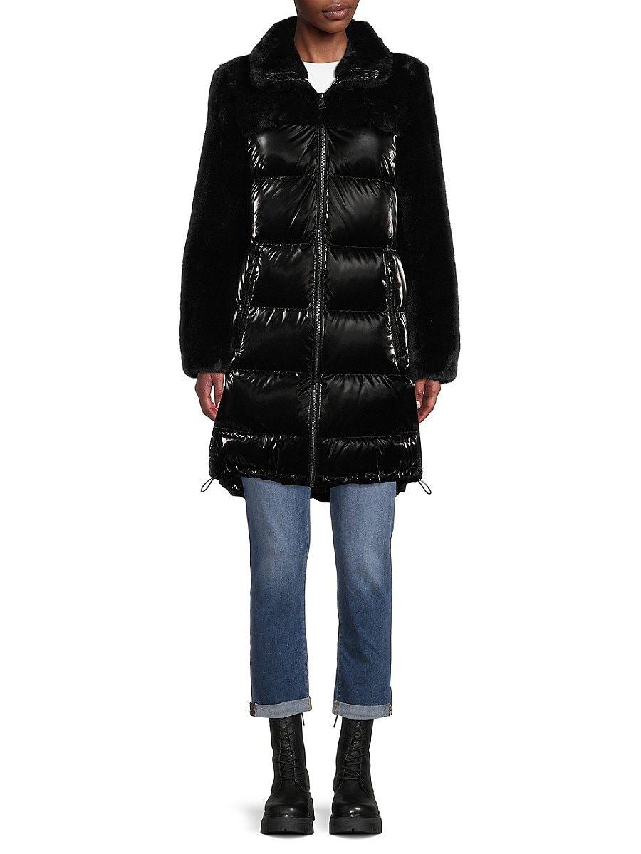 Karl Lagerfeld Faux Fur Faux Leather Longline Puffer Jacket in Black | Lyst