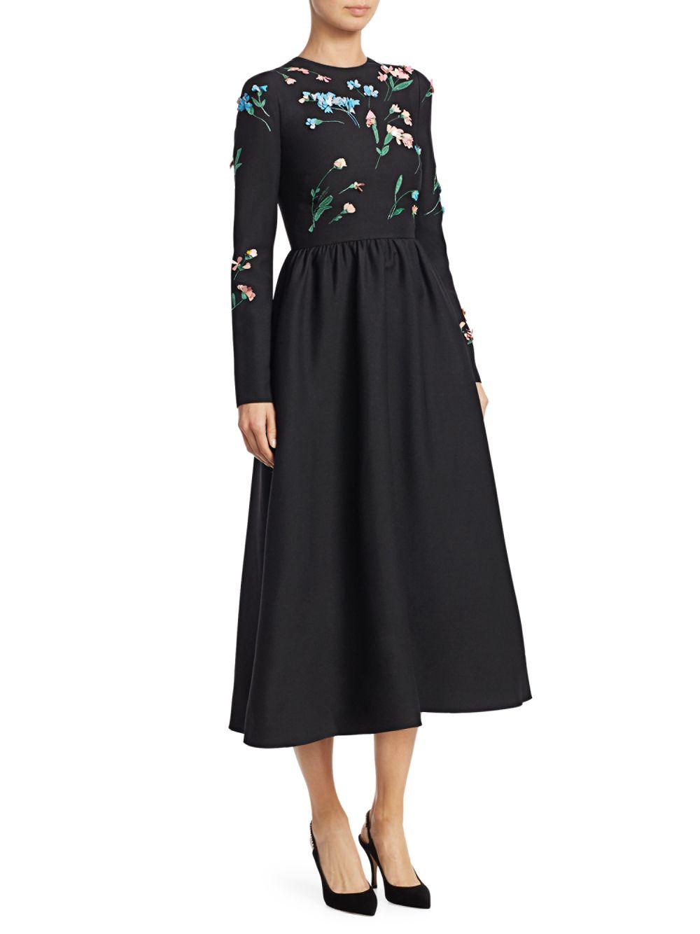 Valentino Embroidered Floral Wool Midi Dress in Black | Lyst
