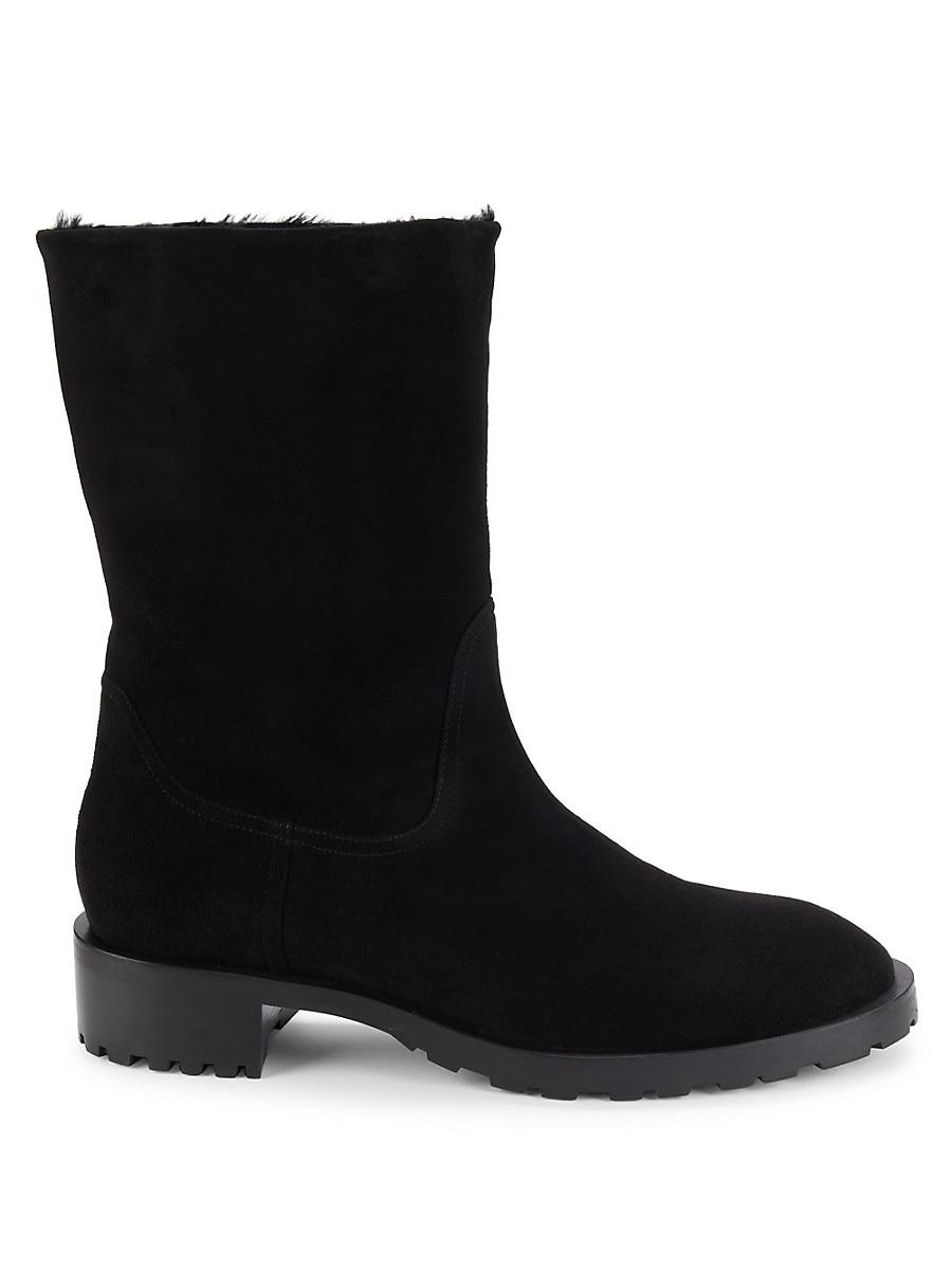 Stuart Weitzman Taina Chill Shearling Trim Suede Mid Calf Boots in