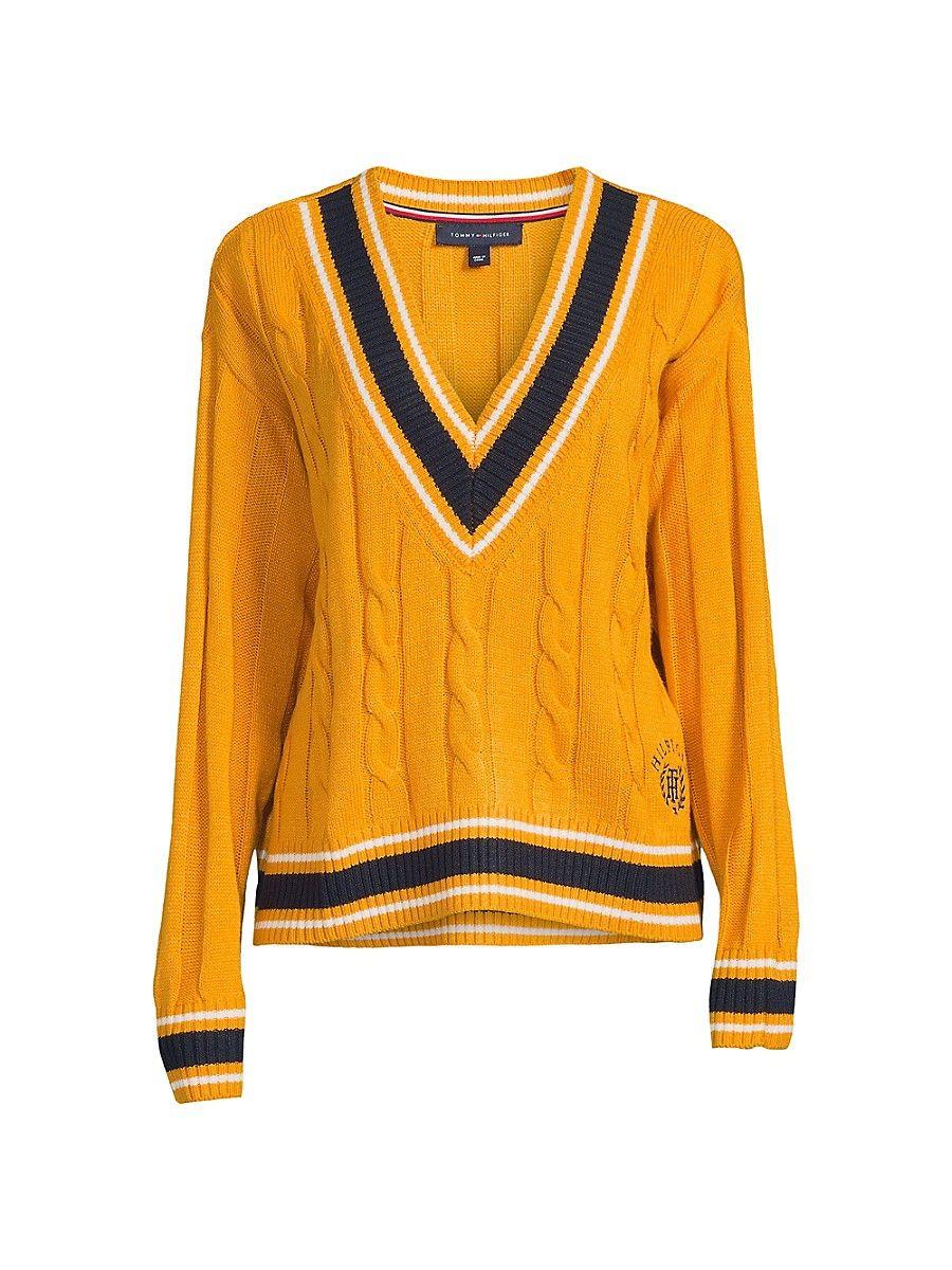 Tommy Hilfiger V Neck Cable Knit Varsity Sweater in Orange | Lyst
