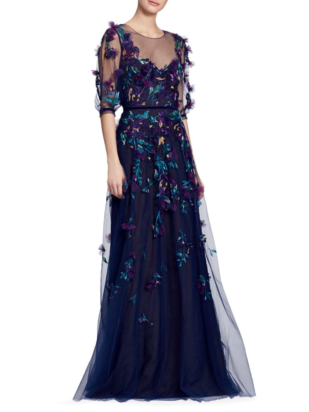 Marchesa Tulle Illusion Floral Applique Overlay Gown in Navy (Blue) - Lyst