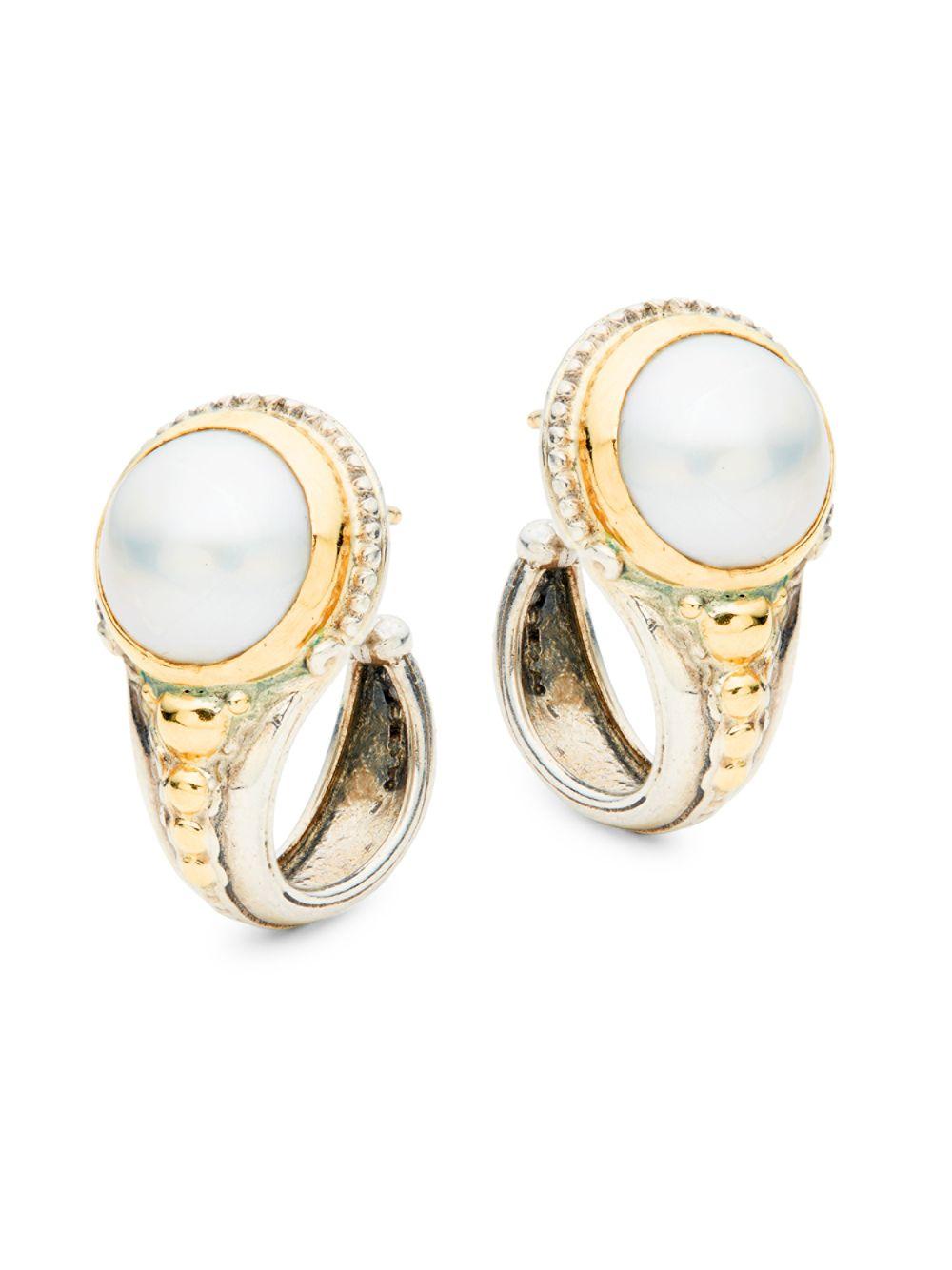 Konstantino Sterling Silver & 18k Gold Faux Pearl Hoop Earrings in
