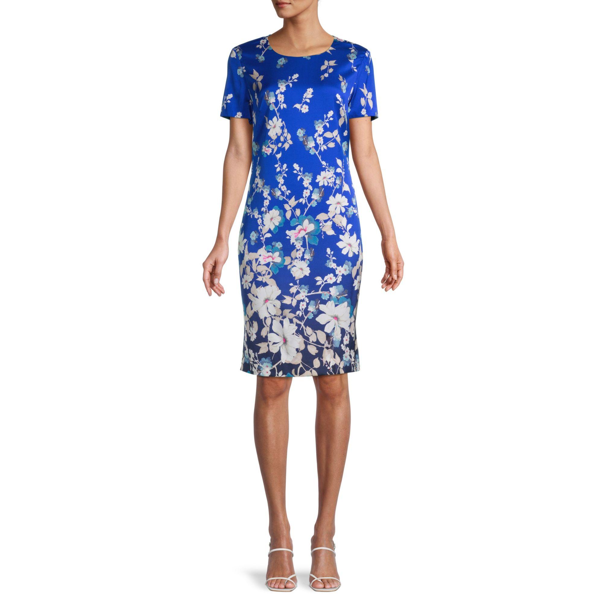St. John Floral Stretchsilk Sheath Dress in Blue Lyst