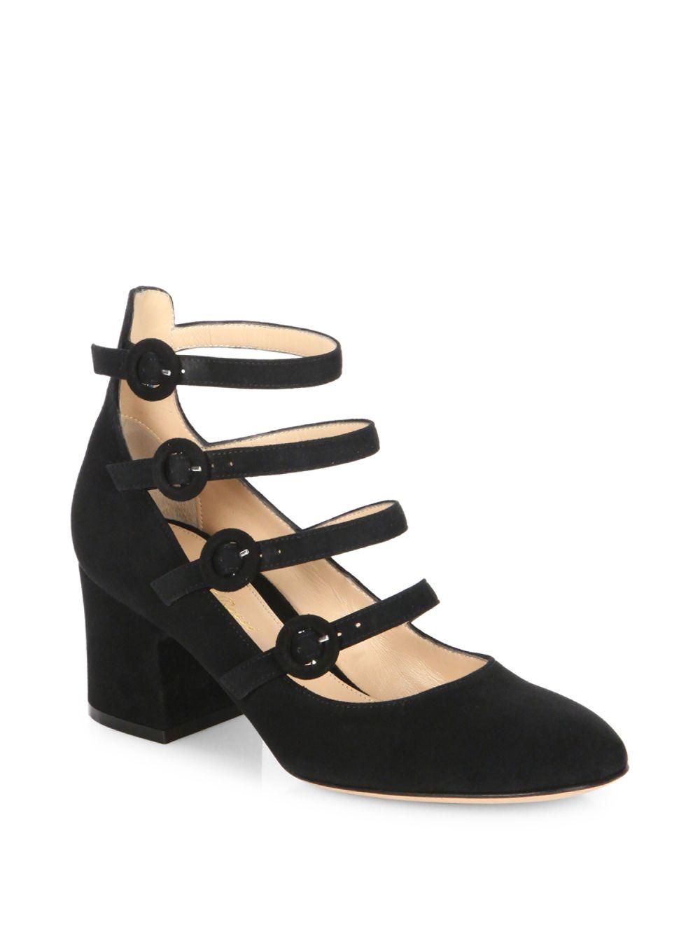 Gianvito Rossi Multi-strap Suede Mary Jane Block Heel Pumps in Black