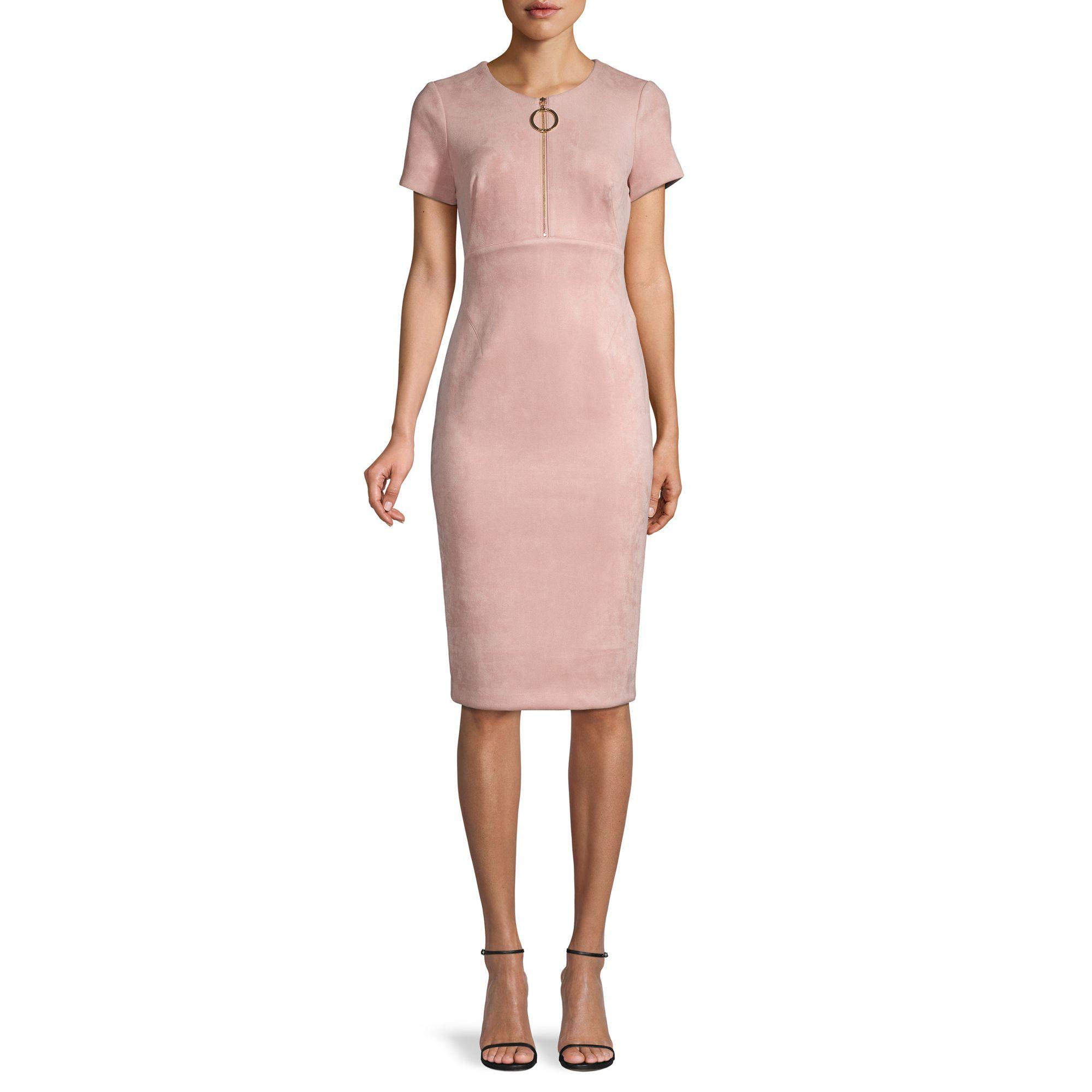 Calvin Klein Suede Partial Zip Short-sleeve Sheath Dress in Blush (Pink ...