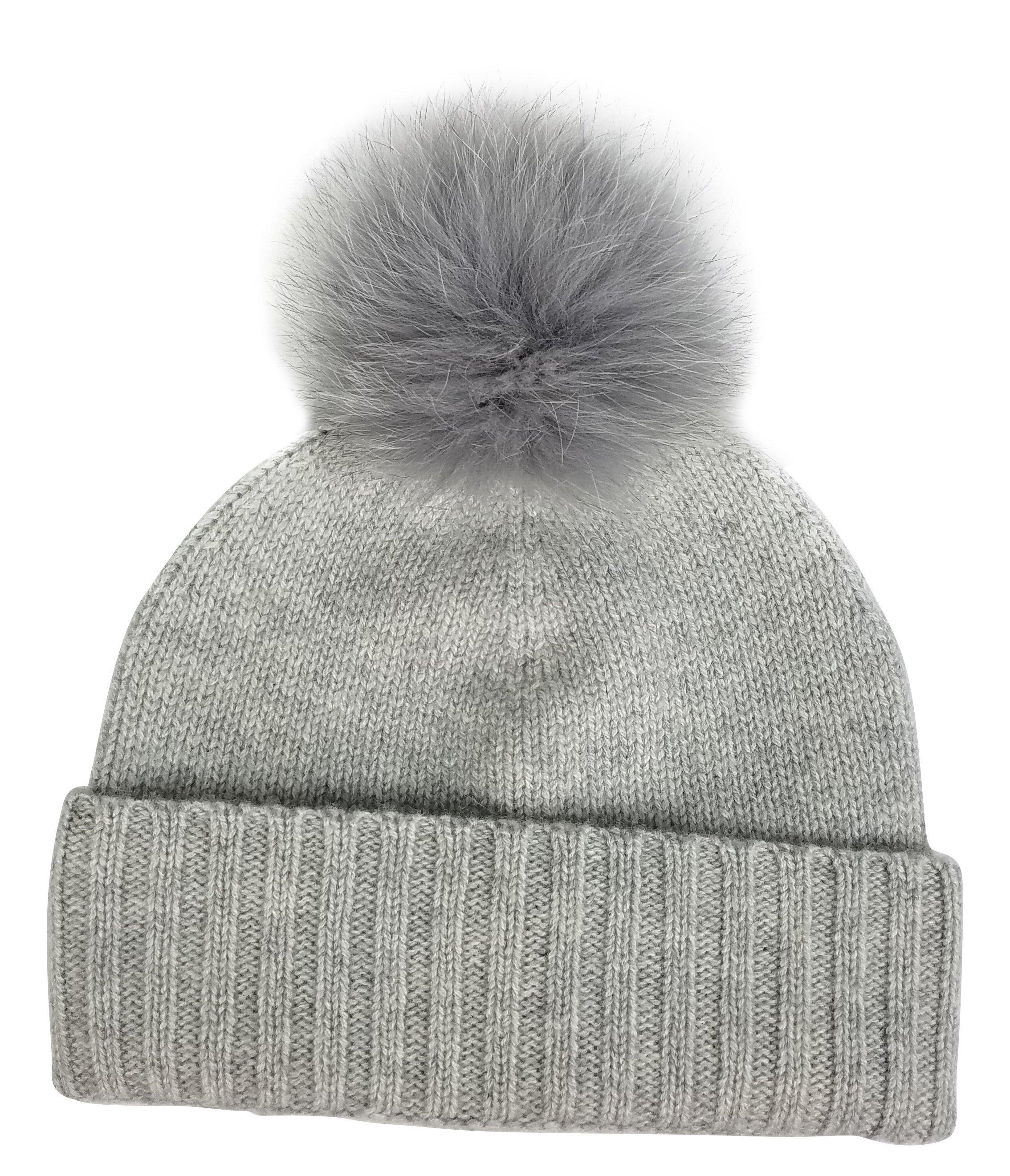 grey hat with fur pom pom