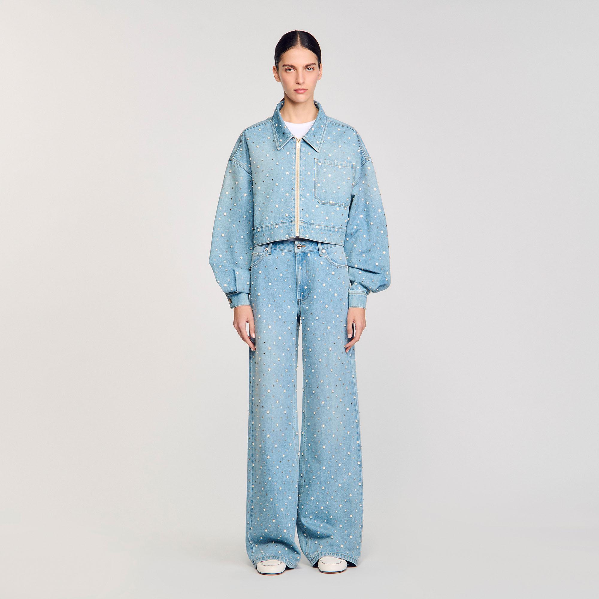 Sandro Beaded And Rhinestone Denim Jacket in Blue Lyst UK