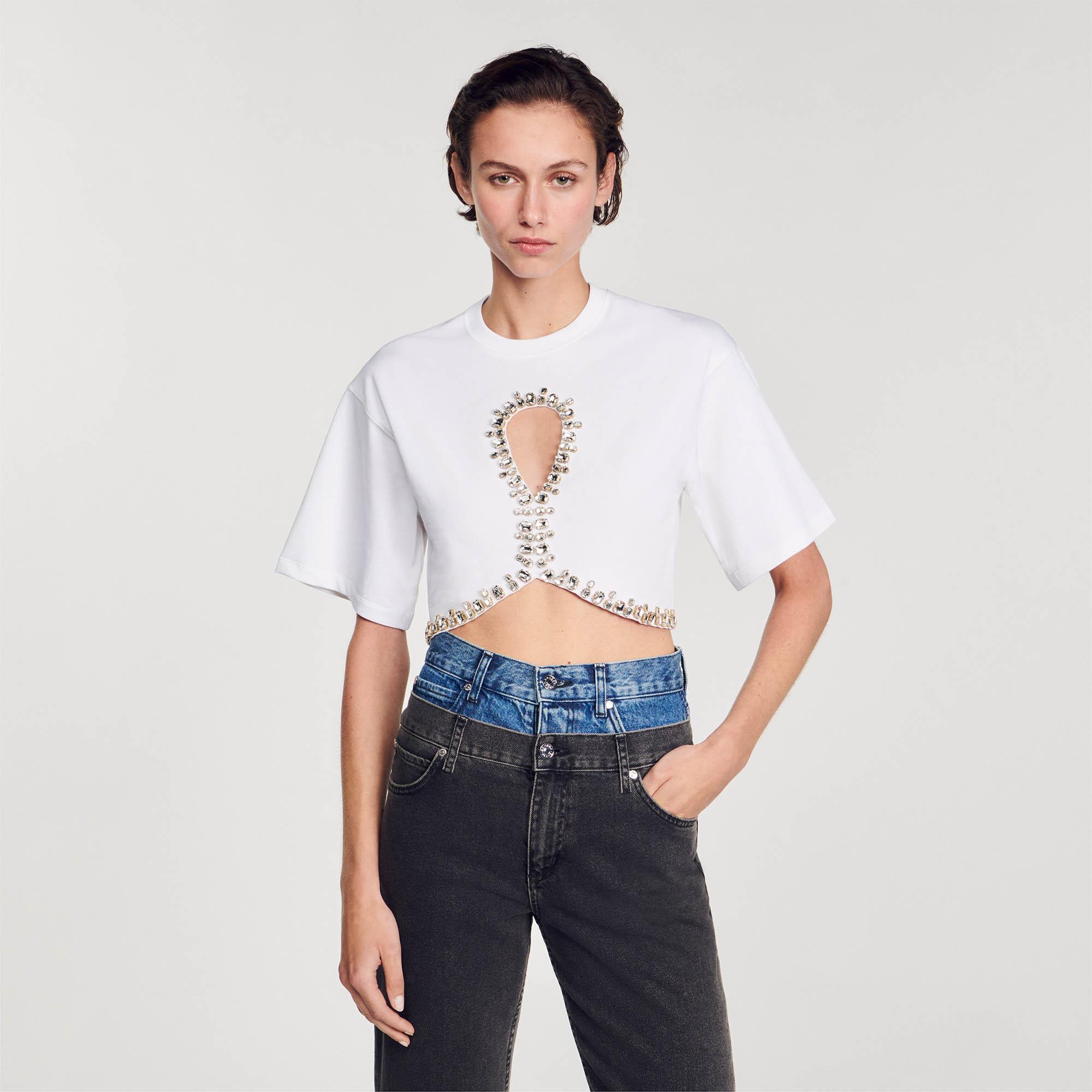 関税・送料込み!【国内発送】SANDRO Rhinestone crop Tシャツ Rhinestone Cropped T-Shirt white / beige For Women | Sandro
