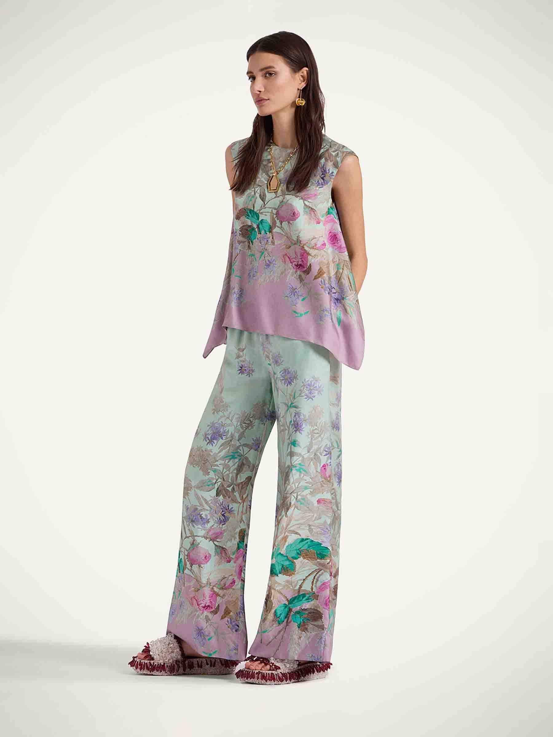 【La DoubleJ】 High-riseプリントシルク palazzoパンツ Printed silk twill palazzo pants in multicoloured - La