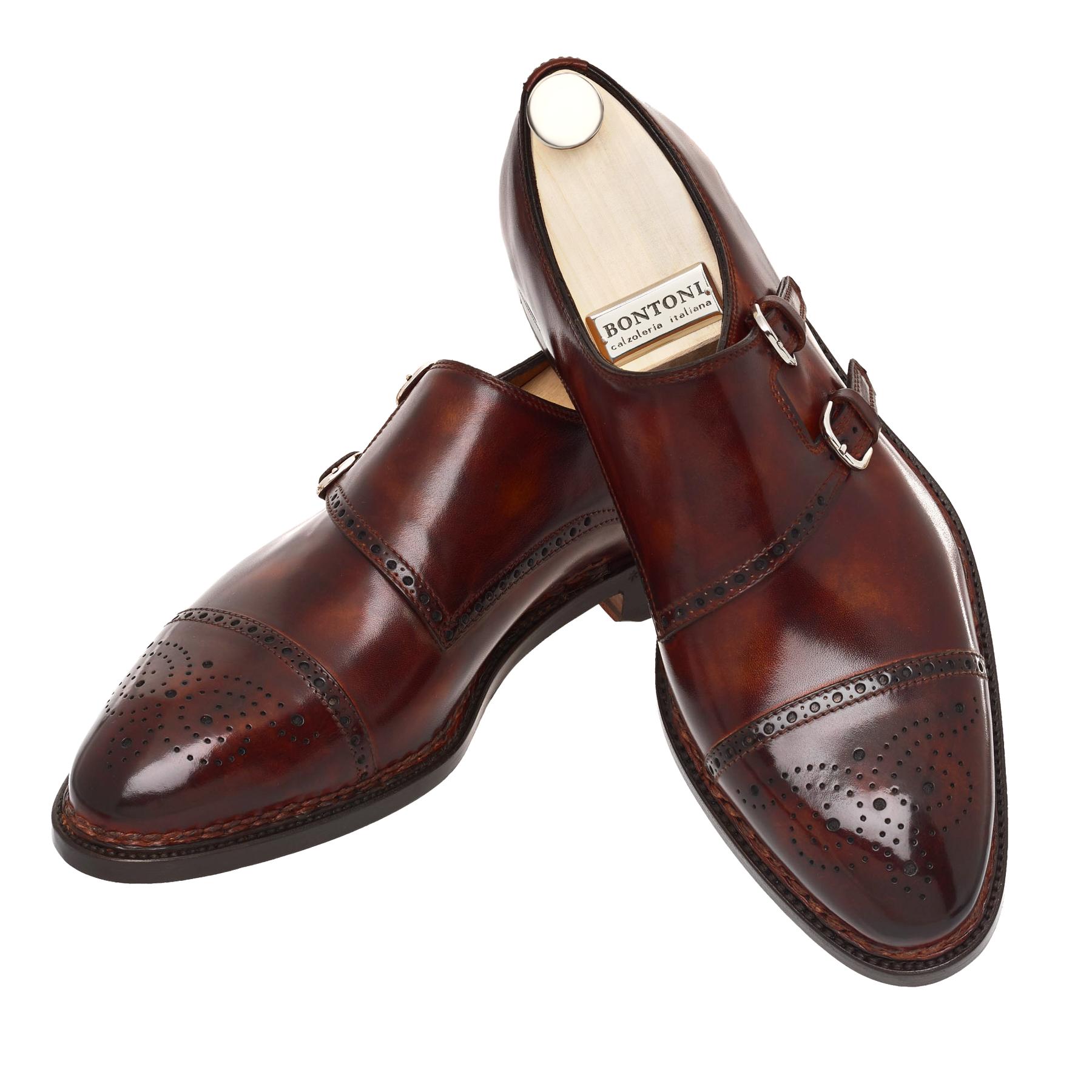 Brown Mens Shoes Slip-on shoes Monk shoes Bontoni Leather excelsior Triple-buckle Monk With Perforated Details And Medallion in Rust for Men 