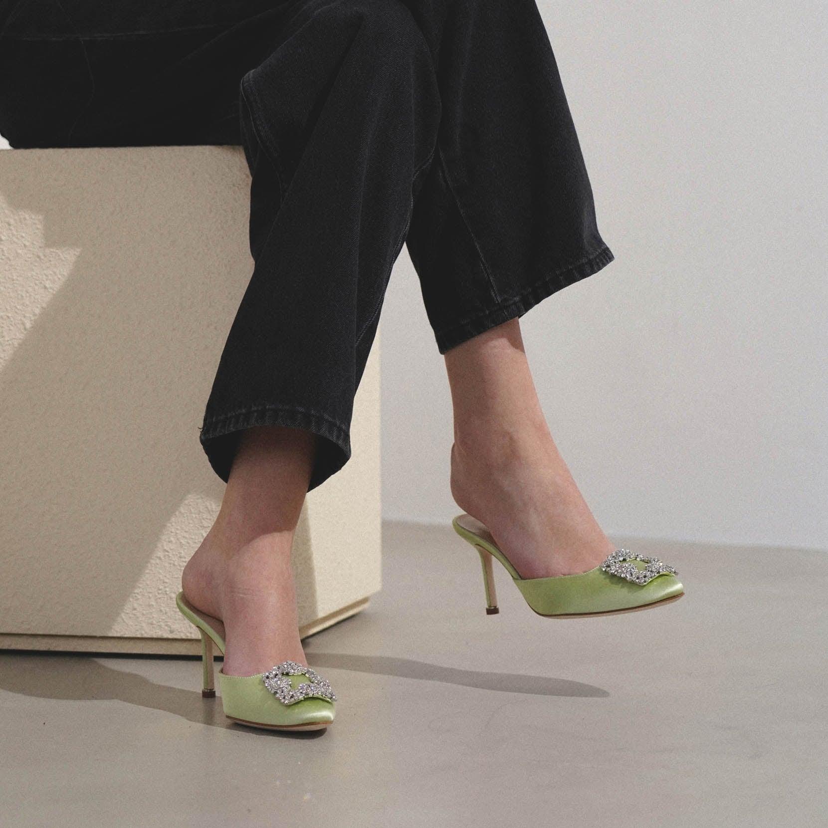 Green Satin Manolo Blahnik 42 HANGISI 70 Green Satin Jewel Buckle