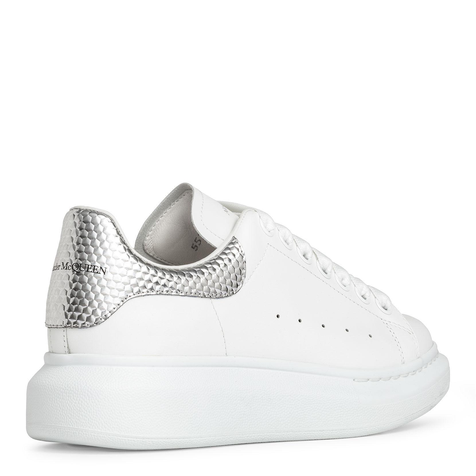 Alexander McQueen Leather White & Silver Oversized Sneakers - Lyst