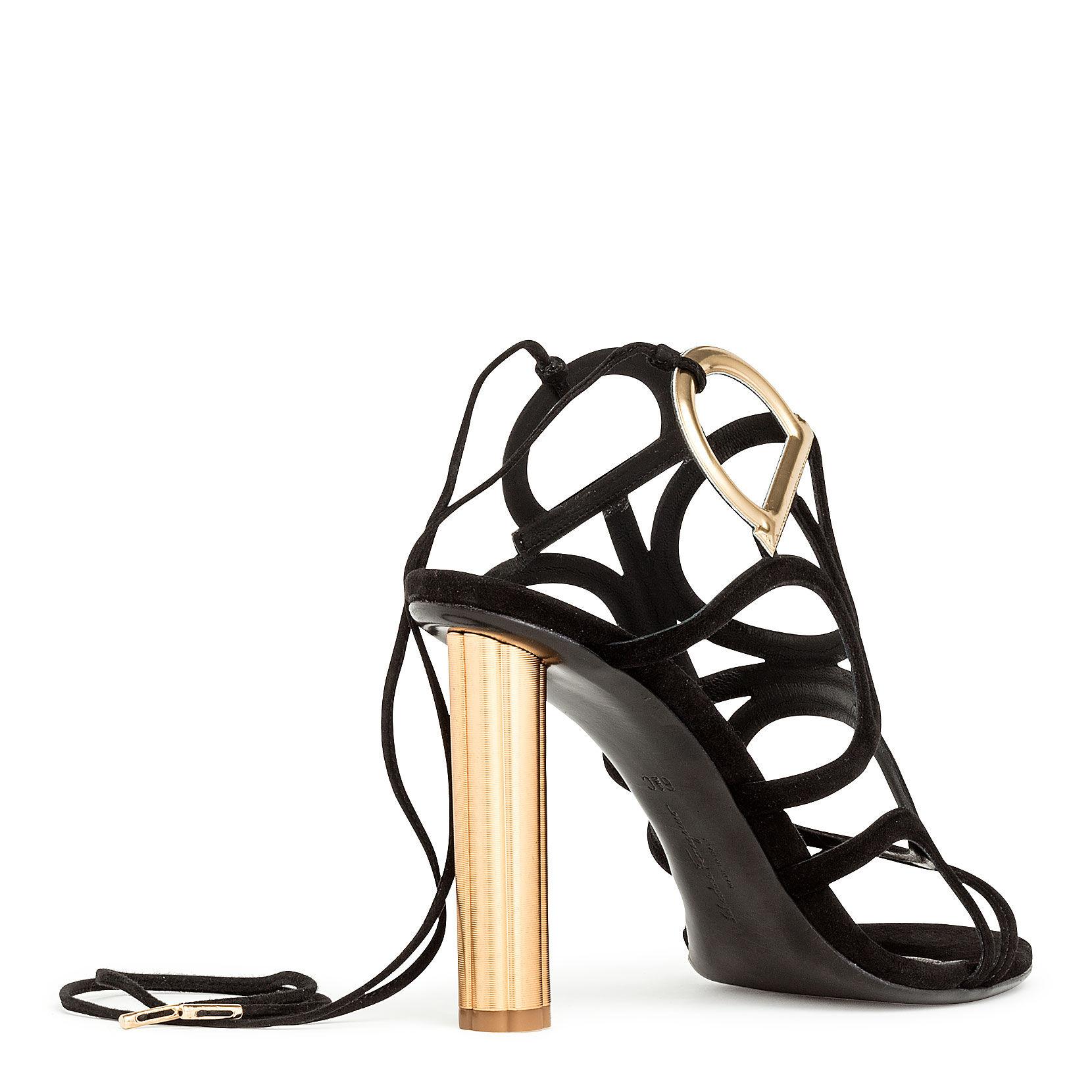 Ferragamo Leather Vinci 105 Black Suede Golden Heel Sandals - Lyst
